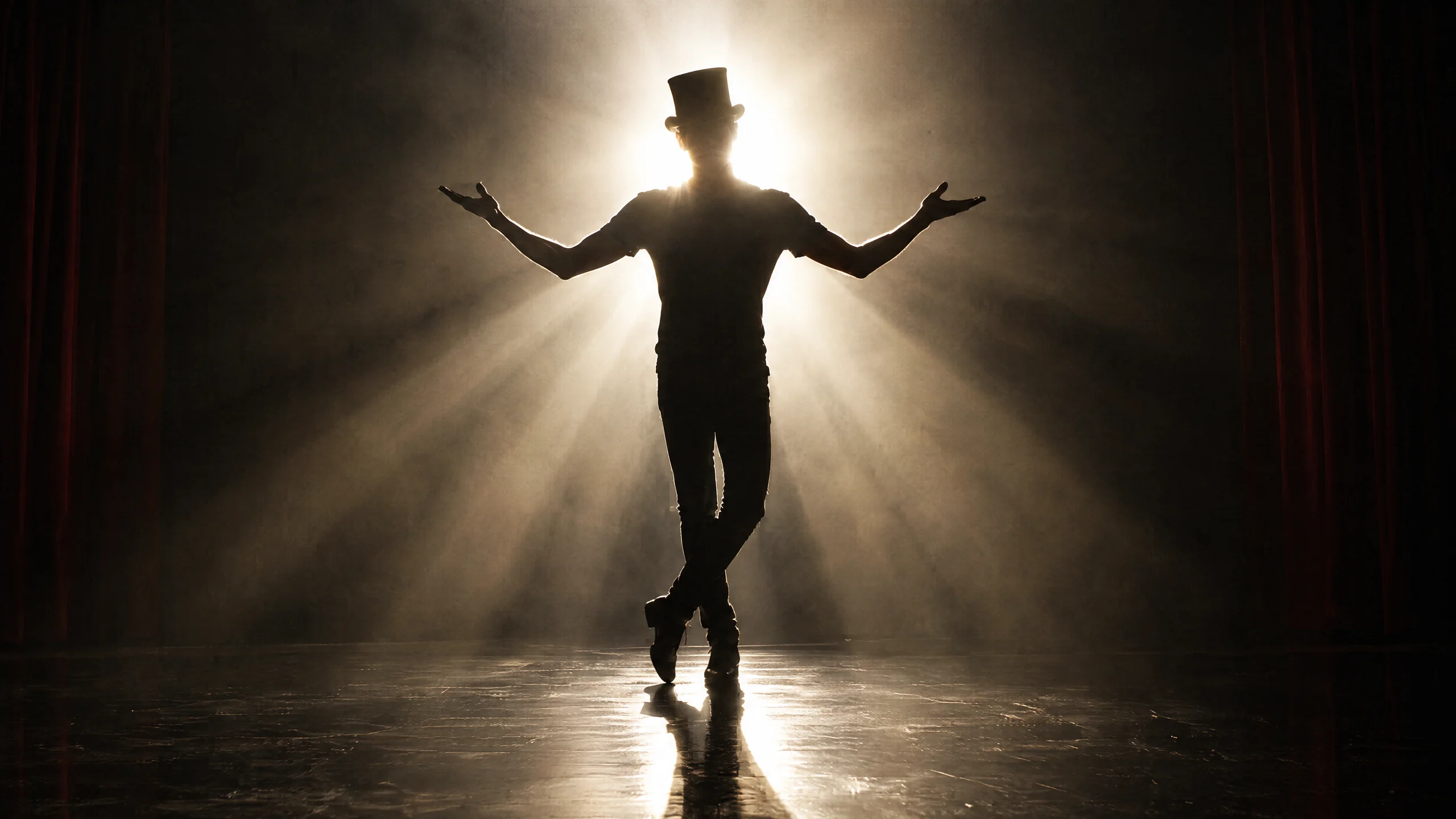 A showman in a top hat, arms open, silhouetted by a bright spotlight on stage